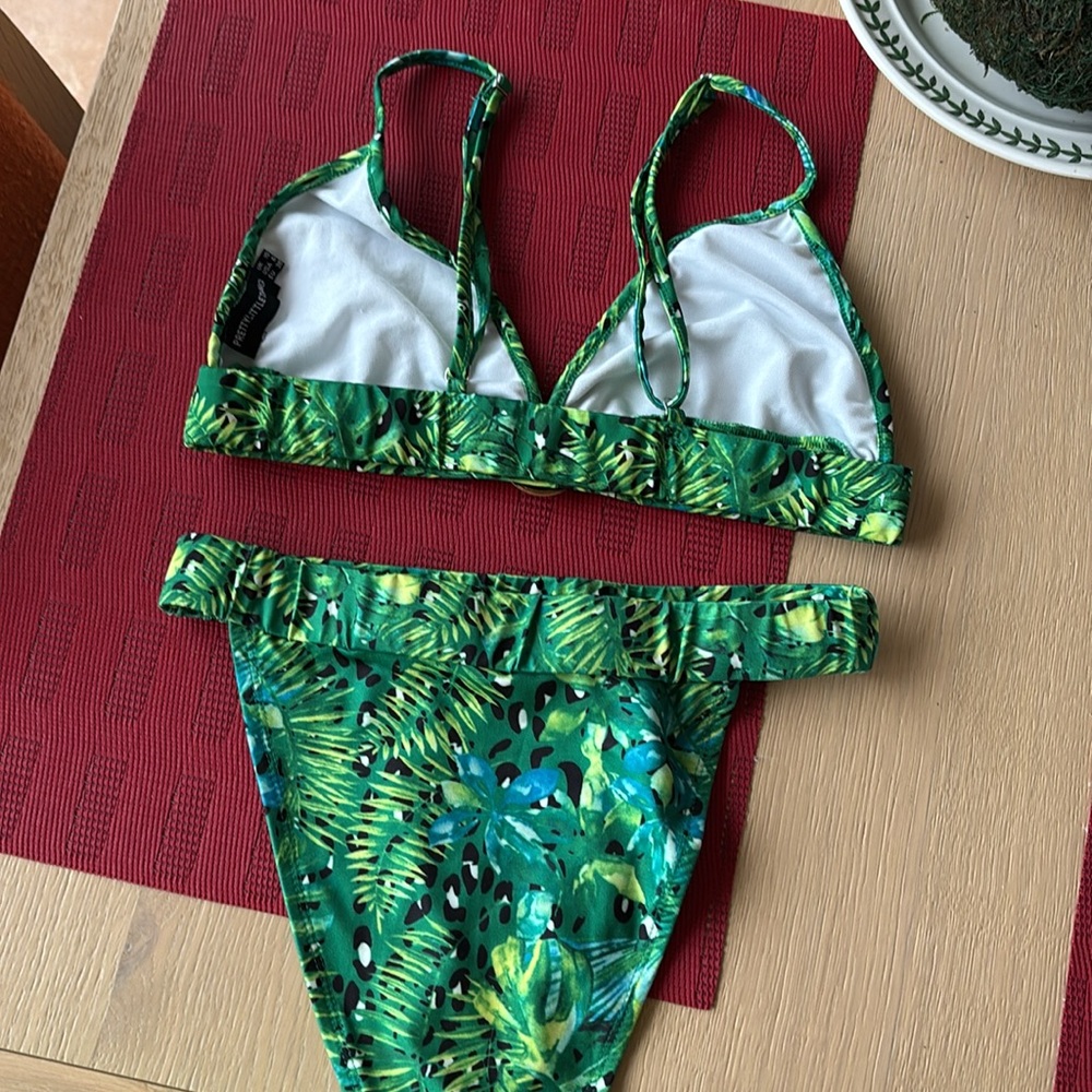 Green Tropical Print Bikini with Gold Accents designer inspired lion head 4 - Picture 5 of 7